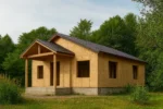 Дом «Б-82», 82 м², 1 этаж, в черновой отделке: коробка из СИП-панелей OSB-3, двускатная кровля из металлочерепицы, проёмы без окон и дверей