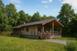 Проект дома «Б-82Б» из СИП-панелей, 82 м² — одноэтажный дом с бежевым фасадом, коричневой крышей и крытой террасой | HotWell.KZ