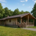 Проект дома «Б-82Б» из СИП-панелей, 82 м² — одноэтажный дом с бежевым фасадом, коричневой крышей и крытой террасой | HotWell.KZ