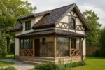 Проект дома «Б-84Б» из СИП-панелей, 84 м² — двухэтажный дом с бежевым фасадом, коричневой крышей и террасой | HotWell.KZ