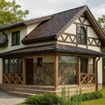 Проект дома «Б-84Б» из СИП-панелей, 84 м² — двухэтажный дом с бежевым фасадом, коричневой крышей и террасой | HotWell.KZ
