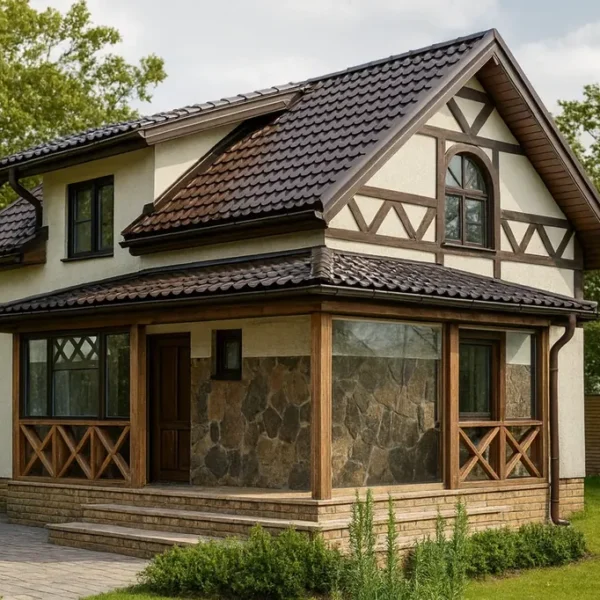 Проект дома «Б-84Б» из СИП-панелей, 84 м² — двухэтажный дом с бежевым фасадом, коричневой крышей и террасой | HotWell.KZ