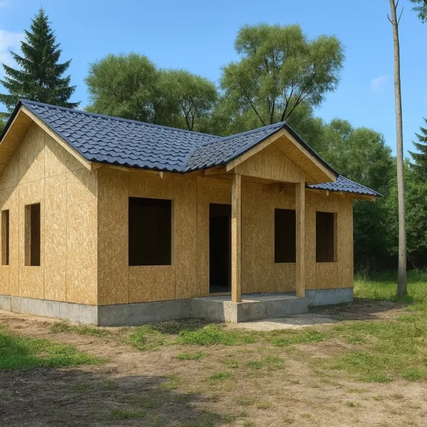 Дом «Б-84Б», 84 м², 1,5 этажа, в черновой отделке: коробка из СИП-панелей OSB-3, двускатная кровля из металлочерепицы, проёмы без окон и дверей, в проёмах видны сосновые балки перекрытия