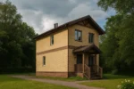 Проект дома «Б-87» из СИП-панелей, 87 м² — двухэтажный дом с бежевым фасадом, коричневой крышей и крытым крыльцом | HotWell.KZ