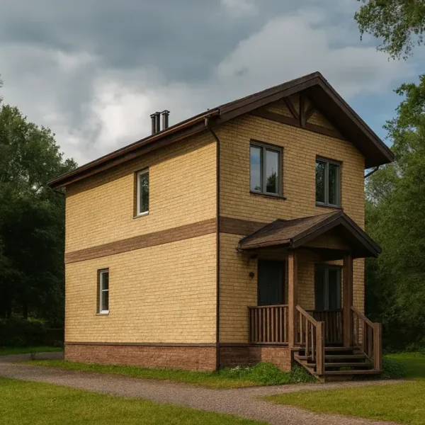 Проект дома «Б-87» из СИП-панелей, 87 м² — двухэтажный дом с бежевым фасадом, коричневой крышей и крытым крыльцом | HotWell.KZ
