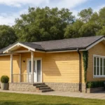 Проект дома «Б-88» из СИП-панелей, 88 м² — одноэтажный дом с жёлтым фасадом, серой крышей и крытым крыльцом | HotWell.KZ