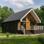 Проект дома «Б-88Б» из СИП-панелей, 88 м² — одноэтажный дом с черным фасадом, серой крышей и террасой | HotWell.KZ