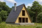 Дом «Б-90В», 90 м², 1.5 этажа, в черновой отделке: коробка из СИП-панелей OSB-3, двускатная кровля из металлочерепицы, проёмы без окон и дверей, в проёмах видны сосновые балки перекрытия