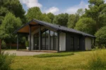 Проект дома «Б-91» из СИП-панелей, 91 м² — одноэтажный дом с черной крышей, панорамными окнами и террасой | HotWell.KZ