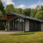 Проект дома «Б-91» из СИП-панелей, 91 м² — одноэтажный дом с черной крышей, панорамными окнами и террасой | HotWell.KZ