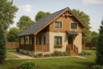 Проект дома «Б-97» из СИП-панелей, 97 м² — двухэтажный дом с бежевым фасадом, серой крышей и террасой | HotWell.KZ