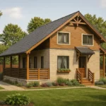 Проект дома «Б-97» из СИП-панелей, 97 м² — двухэтажный дом с бежевым фасадом, серой крышей и террасой | HotWell.KZ