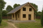 Дом «Б-97», 97 м², 1,5 этажа, в черновой отделке: коробка из СИП-панелей OSB-3, двускатная кровля из металлочерепицы, проёмы без окон и дверей, в проёмах видны сосновые балки перекрытия
