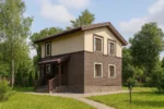 Проект дома «Б-97Б» из СИП-панелей, 97 м² — двухэтажный дом с коричневым фасадом, бежевыми вставками и крыльцом | HotWell.KZ