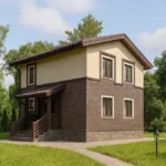 Проект дома «Б-97Б» из СИП-панелей, 97 м² — двухэтажный дом с коричневым фасадом, бежевыми вставками и крыльцом | HotWell.KZ