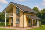 Проект дома «Б-97Г» из СИП-панелей, 97 м² — двухэтажный дом с жёлтым фасадом, коричневой крышей и балконом | HotWell.KZ