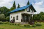 Проект дома «Б-97В» из СИП-панелей, 97 м² — двухэтажный дом с белым фасадом, синей крышей и крытым крыльцом | HotWell.KZ