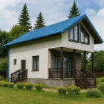 Проект дома «Б-97В» из СИП-панелей, 97 м² — двухэтажный дом с белым фасадом, синей крышей и крытым крыльцом | HotWell.KZ