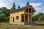 Дом «Б-97В», 97 м², 1.5 этажа, в черновой отделке: коробка из СИП-панелей OSB-3, двускатная кровля из металлочерепицы, проёмы без окон и дверей, в проёмах видны сосновые балки перекрытия