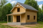 Дом «Б-98», 98 м², 1.5 этажа, в черновой отделке: коробка из СИП-панелей OSB-3, двускатная кровля из металлочерепицы, проёмы без окон и дверей, в проёмах видны сосновые балки перекрытия