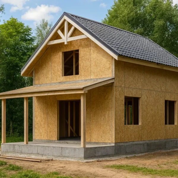 Дом «Б-98», 98 м², 1.5 этажа, в черновой отделке: коробка из СИП-панелей OSB-3, двускатная кровля из металлочерепицы, проёмы без окон и дверей, в проёмах видны сосновые балки перекрытия