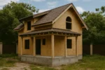 Дом «Б-99», 99 м², 1.5 этажа, в черновой отделке: коробка из СИП-панелей OSB-3, двускатная кровля из металлочерепицы, проёмы без окон и дверей, в проёмах видны сосновые балки перекрытия