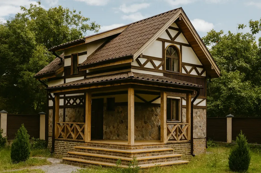 Проект дома «Б-99» Проект дома «Б-99» из СИП-панелей, 99 м² — двухэтажный дом с каменным фасадом, коричневой крышей и крытым крыльцом | HotWell.KZ