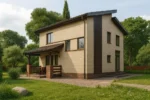 Проект дома «Ц-151» из СИП-панелей, 151 м² — двухэтажный дом с бежевым фасадом, коричневой крышей и террасой | HotWell.KZ