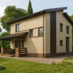 Проект дома «Ц-151» из СИП-панелей, 151 м² — двухэтажный дом с бежевым фасадом, коричневой крышей и террасой | HotWell.KZ