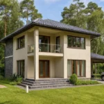 Проект дома «Ц-163» из СИП-панелей, 163 м² — двухэтажный дом с бежевым фасадом, серой крышей и балконом | HotWell.KZ