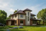 Проект дома «Ц-352» из СИП-панелей, 352 м² — двухэтажный дом с коричневой крышей и панорамными окнами | HotWell.KZ