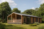 Проект дома «Ч-120» из СИП-панелей, 120 м² — одноэтажный дом с деревянным фасадом, серой крышей и террасой | HotWell.KZ
