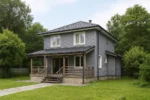 Проект дома «Ч-154» из СИП-панелей, 154 м² — двухэтажный дом с серым фасадом, черной крышей и крытой террасой | HotWell.KZ