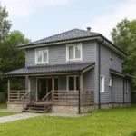 Проект дома «Ч-154» из СИП-панелей, 154 м² — двухэтажный дом с серым фасадом, черной крышей и крытой террасой | HotWell.KZ