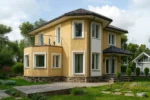 Проект дома «Ч-156» из СИП-панелей, 156 м² — двухэтажный дом с жёлтым фасадом, чёрной крышей и балконом | HotWell.KZ