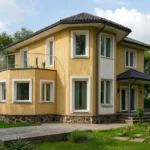 Проект дома «Ч-156» из СИП-панелей, 156 м² — двухэтажный дом с жёлтым фасадом, чёрной крышей и балконом | HotWell.KZ