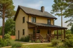 Проект дома «Ч-180» из СИП-панелей, 180 м² — двухэтажный дом с бежевым фасадом, серой крышей и террасой | HotWell.KZ