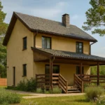 Проект дома «Ч-180» из СИП-панелей, 180 м² — двухэтажный дом с бежевым фасадом, серой крышей и террасой | HotWell.KZ