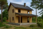 Дом «Ч-180», 180 м², 2 этажа, в черновой отделке: коробка из СИП-панелей OSB-3, двускатная кровля из металлочерепицы, проёмы без окон и дверей, в проёмах видны сосновые балки перекрытия