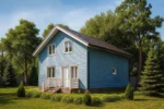 Проект дома «Ч-184» из СИП-панелей, 184 м² — двухэтажный дом с голубым фасадом и темной крышей | HotWell.KZ