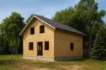 Дом «Ч-184», 184 м², 1.5 этажа, в черновой отделке: коробка из СИП-панелей OSB-3, двускатная кровля из металлочерепицы, проёмы без окон и дверей, в проёмах видны сосновые балки перекрытия