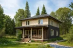 Проект дома «Ч-190» из СИП-панелей, 190 м² — двухэтажный дом с тёмным фасадом, серой крышей и крытой террасой | HotWell.KZ