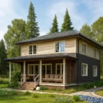 Проект дома «Ч-190» из СИП-панелей, 190 м² — двухэтажный дом с тёмным фасадом, серой крышей и крытой террасой | HotWell.KZ