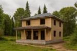 Дом «Ч-190», 190 м², 2 этажа, в черновой отделке: коробка из СИП-панелей OSB-3, вальмовая кровля из металлочерепицы, проёмы без окон и дверей, в проёмах видны сосновые балки перекрытия