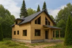 Дом «Ч-196», 196 м², 1.5 этажа, в черновой отделке: коробка из СИП-панелей OSB-3, двускатная кровля из металлочерепицы, проёмы без окон и дверей, в проёмах видны сосновые балки перекрытия