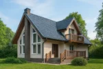 Проект дома «Ч-203» из СИП-панелей, 203 м² — двухэтажный дом с бежевым фасадом, серой крышей и балконом | HotWell.KZ