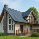 Проект дома «Ч-203» из СИП-панелей, 203 м² — двухэтажный дом с бежевым фасадом, серой крышей и балконом | HotWell.KZ