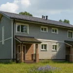 Проект дома «Ч-253» из СИП-панелей, 253 м² — двухэтажный дом с серым фасадом, темной крышей и двумя крыльцами | HotWell.KZ