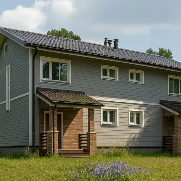 Проект дома «Ч-253» из СИП-панелей, 253 м² — двухэтажный дом с серым фасадом, темной крышей и двумя крыльцами | HotWell.KZ