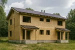 Дом «Ч-253», 253 м², 2 этажа, в черновой отделке: коробка из СИП-панелей OSB-3, двускатная кровля из металлочерепицы, проёмы без окон и дверей, в проёмах видны сосновые балки перекрытия
